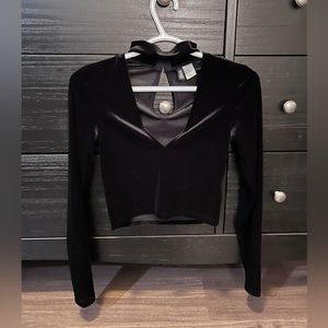 Black Velvet Cut Out V Neck Crop Top